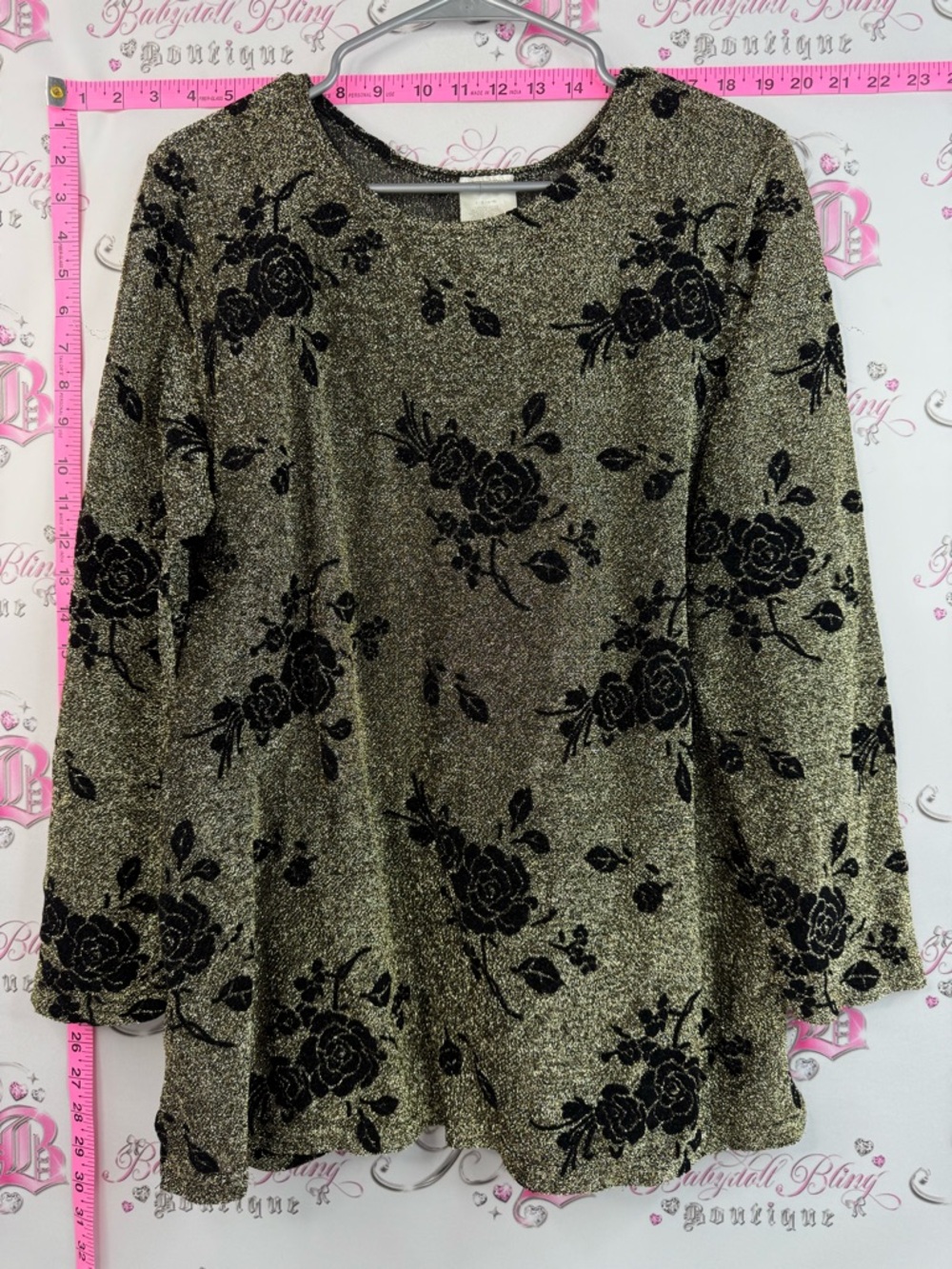 Style studio long sleeve shiny Metallic Gold Floral Burnout Long Sleeve Top